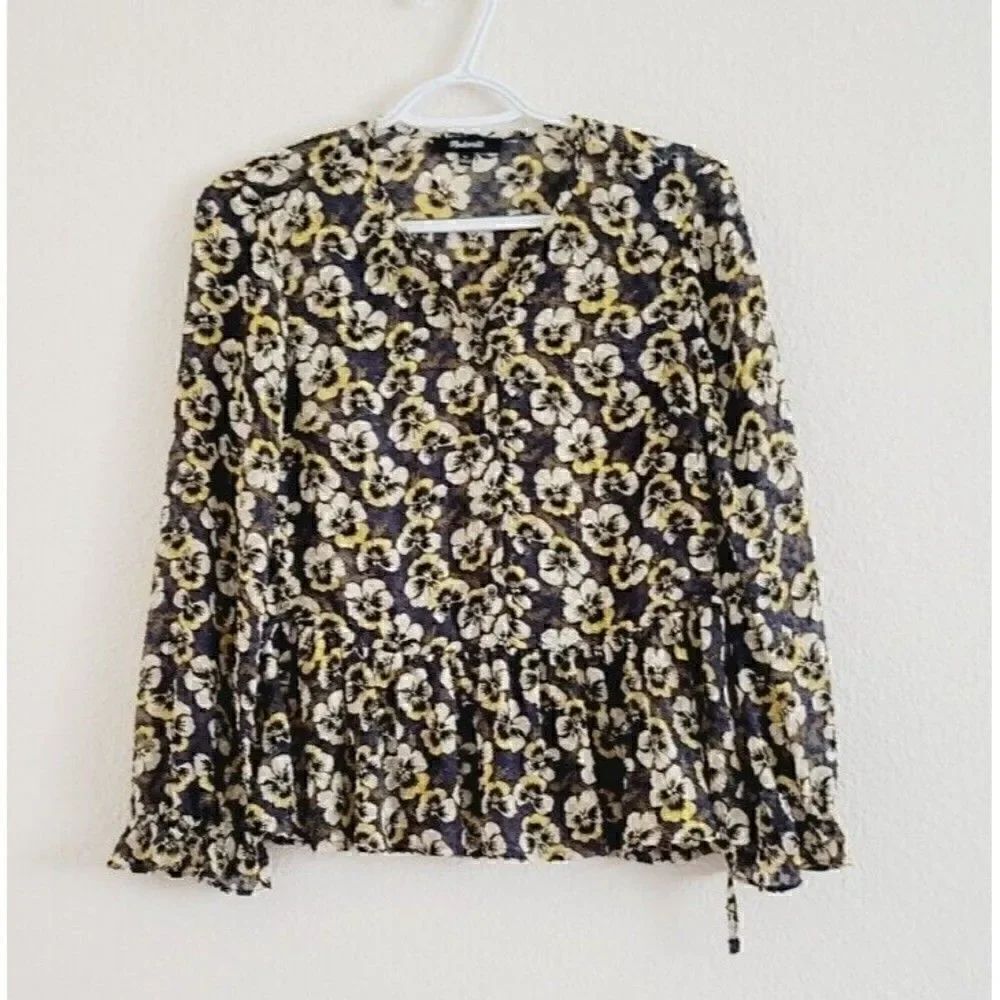 Madewell Drawstring Ruffle Hem Top Viola Autumn Floral Size XS